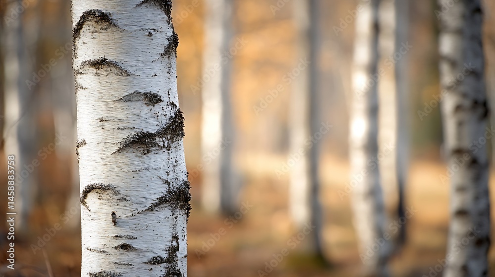 Leinwandbilder close-up view of birch tree bark, textured and white, with blurred background of autumnal birch fore