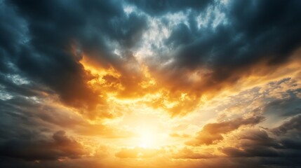 Dramatic sunset sky with vibrant orange and dark blue clouds, showcasing a bright sun breaking through the heavy cloud cover, creating a powerful and awe-inspiring natural scene. : Generative AI