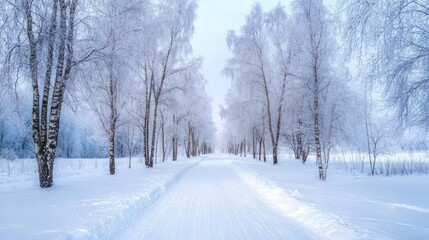 Fototapeta premium Snowy path through frost covered birch trees winter landscape