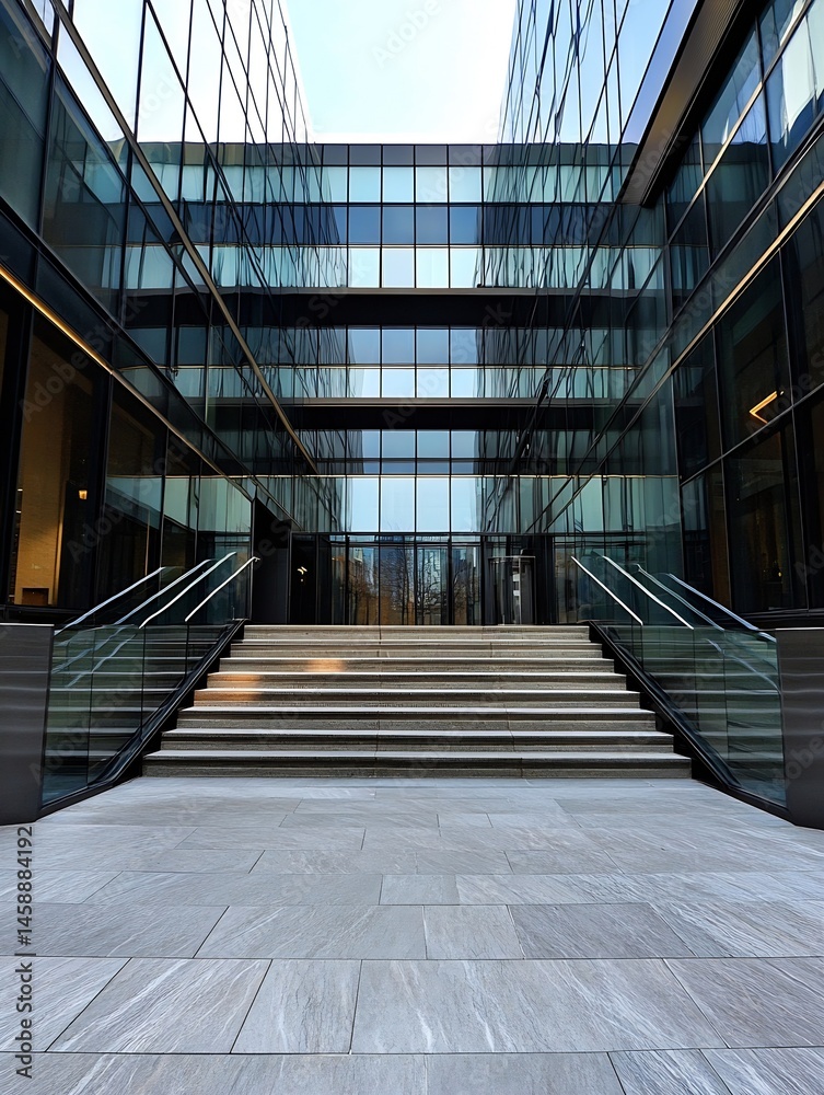 Poster Modern glass building exterior with stone steps and glass railings, reflecting a cityscape in its windows.  A contemporary architectural design showcasing sleek lines and a minimalist  : Generative AI