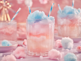 Vibrant cotton candy lemonade mocktails with layered colors and fluffy toppings, perfect for a fun-filled day at the carnival.