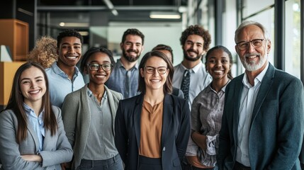 A group of young and experienced business professionals from diverse backgrounds, smiling together in the office, with an older executive leader at the forefront, captured in a positive 