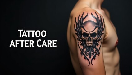Tattoo Aftercare. Close-up muscular arm with black and gray skull tribal tattoo, person showing tattoo aftercare, health and beauty concept, studio background, body art maintenance, skin care, ink he