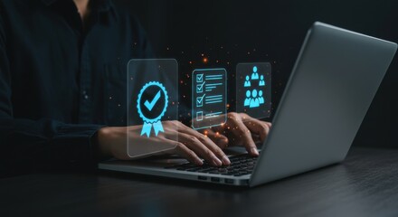 Businessman Using Laptop for Digital Certification, Quality Control and Data Assurance Processes