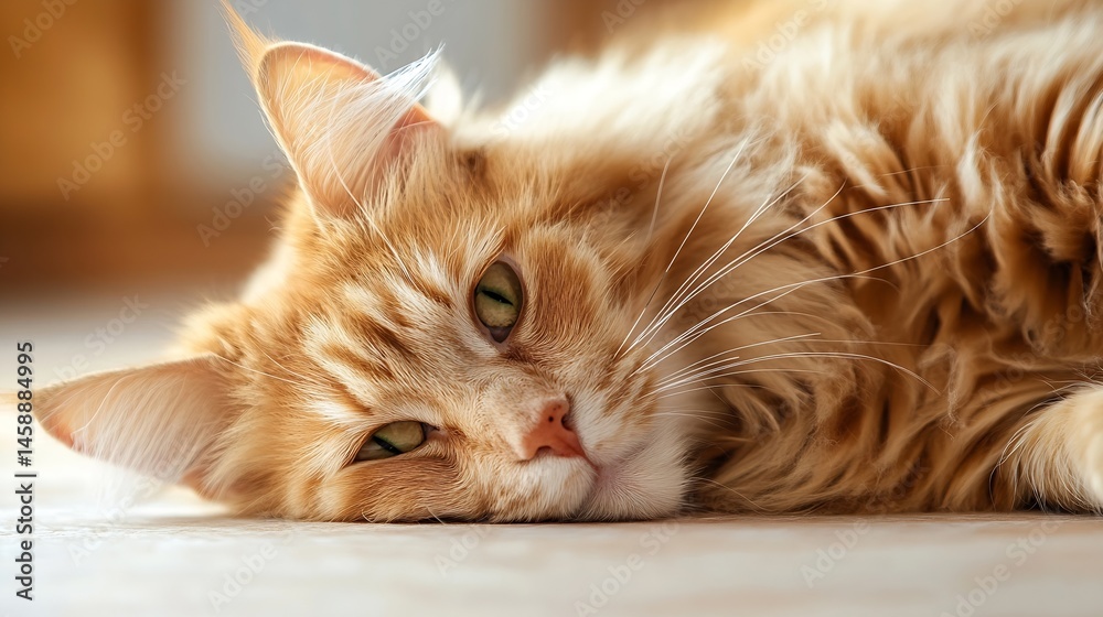 Aufkleber close-up portrait of a ginger maine coon cat lying down, showcasing its luxurious fur and expressive