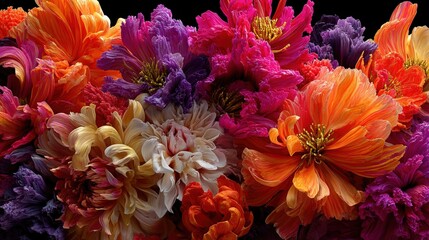 A vibrant arrangement of multicolored flowers in full bloom against a dark background