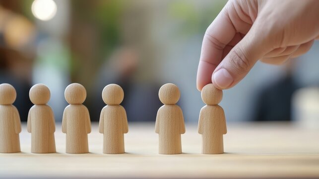 A hand selecting the perfect candidate icon from a group, symbolizing the recruitment process, with an office background blurred to highlight the decision-making moment.