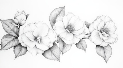 A hand-drawn pencil sketch of Camellia sasanqua flowers, delicately illustrated on white paper, showcasing intricate details of the petals and leaves.