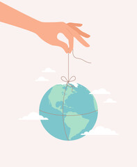Human hand holding planet Earth tied with string. Flat vector illustration