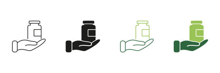 Supplements And Vitamins Line and Silhouette Icon Set. Nutritional Support For Health And Wellness. Hand Holding Bottle Icon. Editable Stroke. Isolated Vector Illustration