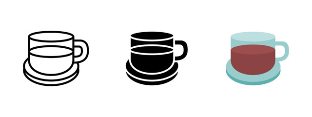 Tea cup icon. Transparent glass mug with hot drink on saucer vector illustration. Kitchen container for herbal beverage and morning refreshment symbol. Caffeine and breakfast design pictogram.