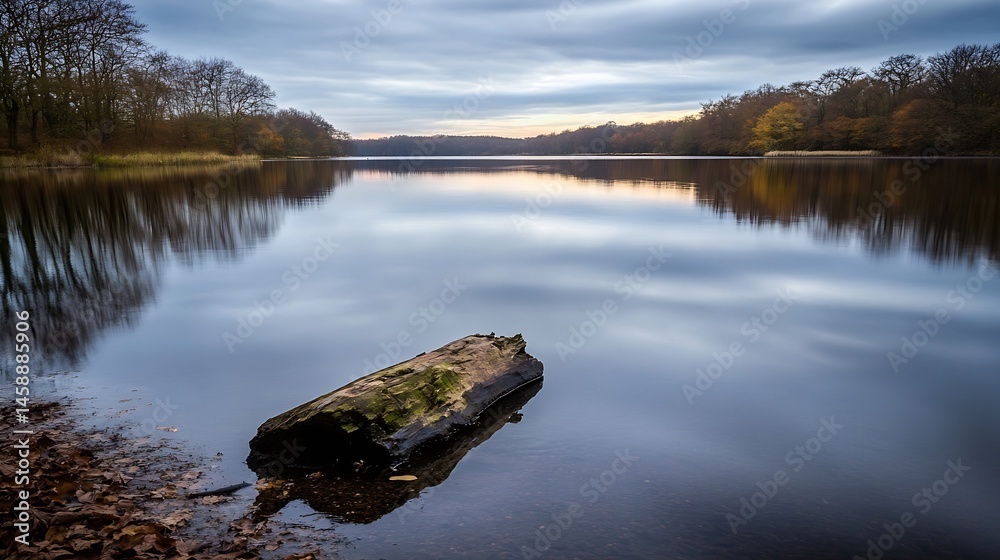 Fototapete serene autumn lake scene with a moss-covered log gently resting on the calm water, reflecting the tr
