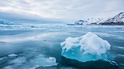 A large iceberg floats in a glacial lagoon, its translucent blue ice contrasting with the snow-covered mountains and overcast sky. The calm water reflects the icy landscape. : Generative AI