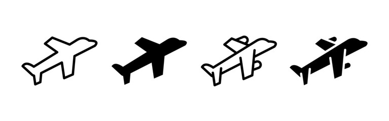 Airplane icon. Passenger jet silhouette in flight vector illustration. Travel, aviation and airline transport symbol. Vacation, tourism and journey motion design sign. Departure and airport pictogram.