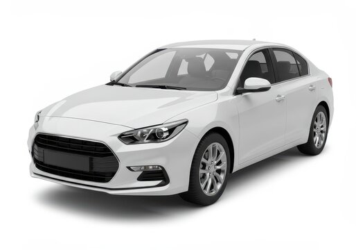 A modern white sedan car is isolated on a white background in a studio shot, showing its design