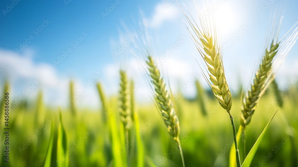Poster close-up view of wheat stalks in a sunlit field, showcasing the delicate details of the grains and t