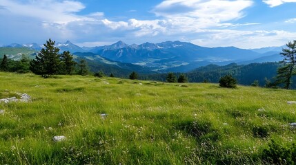 Serene mountain meadow landscape with lush green grass, wildflowers, and distant snow-capped peaks under a partly cloudy sky. : Generative AI