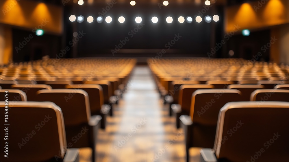 Aufkleber Empty auditorium with rows of brown seats and a dark stage, illuminated by soft spotlights above, creating a calm and quiet atmosphere. : Generative AI