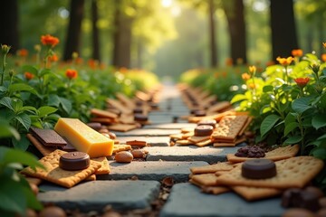 Cheese cookies. Close-up of chocolate chip cookies and yellow cheese cubes on stone pathway surrounded by green plants and sunlit trees perfect for picnic, outdoor snack, garden party, summer day, co