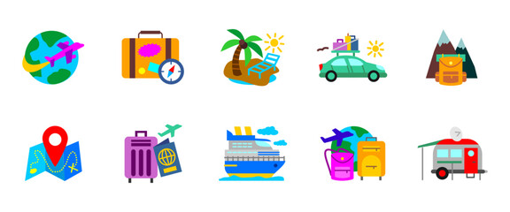 Travel and vacation icon set. Journey colorful elements with airplane, cruise, camping and map vector illustration. Tourism and holiday symbol. Trip planning and adventure sign. Exploration pictogram.