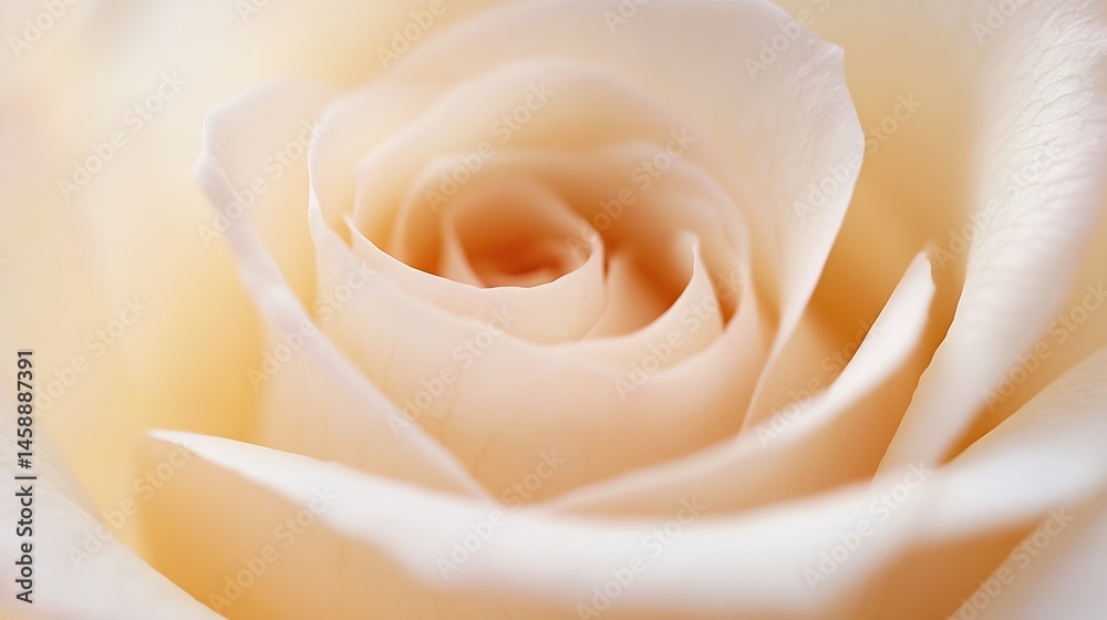 Aufkleber Close-up view of a delicate, creamy-peach rose, showcasing the soft texture and gentle curves of its petals.  The subtle color variations create a romantic and serene atmosphere. : Generative AI
