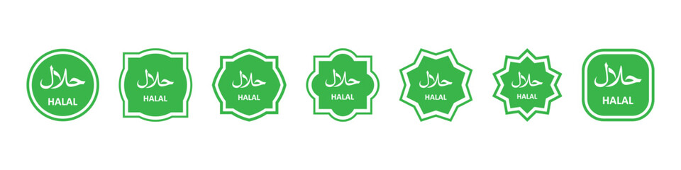 Halal food certified icons set. Islamic symbol. Halal Islamic Food Certification. Halal food labels sign. Vector illustration