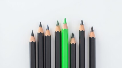Green Pencil Standing Out Among Black Pencils on White Background, Symbolizing Individuality and Uniqueness