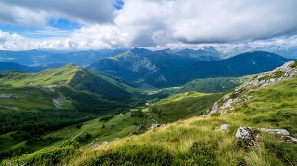 Fototapeta premium Panoramic view of a mountain range with lush green valleys and a partly cloudy sky, showcasing the beauty of nature's landscape. : Generative AI