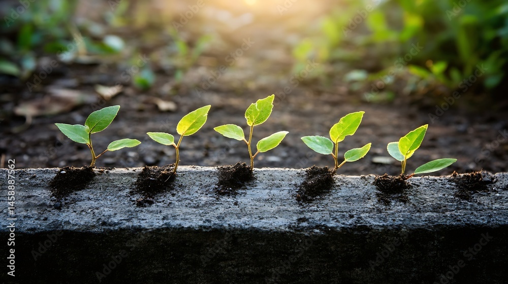 Aufkleber five young saplings emerge from the soil, growing in a row on a weathered concrete surface, bathed i