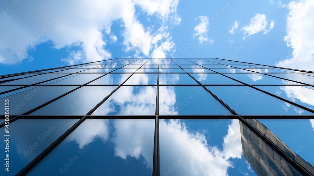 Poster Modern skyscraper facade reflecting a vibrant blue sky and fluffy white clouds, showcasing a striking architectural design and the interplay of natural light and urban structures. : Generative AI