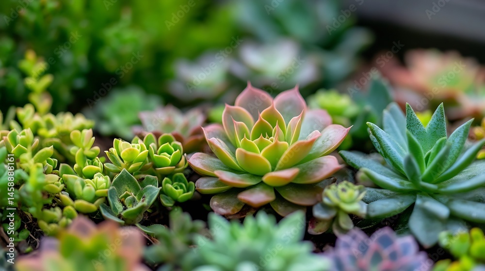 Poster Close-up view of a diverse collection of succulents, showcasing various colors and textures.  The image highlights the intricate details of each plant, creating a visually appealing bo : Generative AI