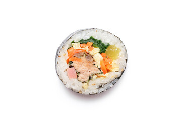 Roll of Korean kimbap on white background, top view.
