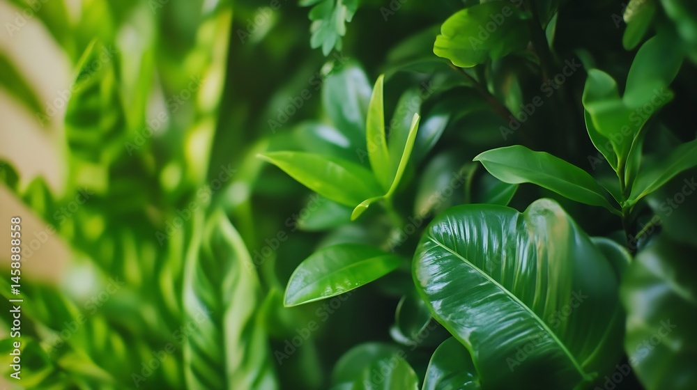 Aufkleber close-up view of lush, vibrant green foliage, showcasing the intricate details of various leaves and