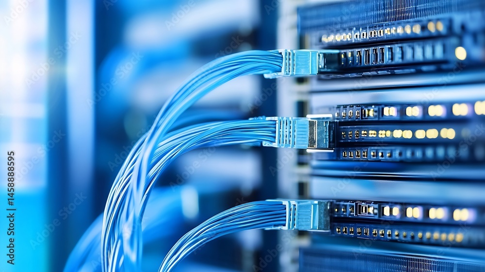 Poster close-up view of blue fiber optic cables connected to a network server rack, showcasing technology a