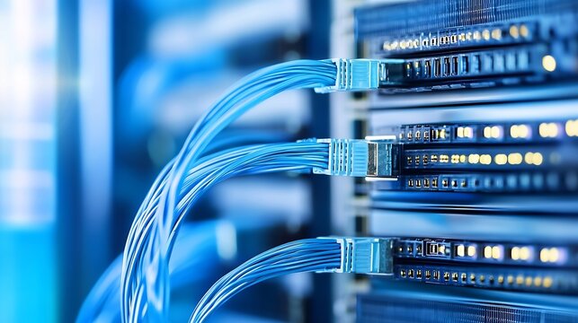 Close-up view of blue fiber optic cables connected to a network server rack, showcasing technology and connectivity. : Generative AI