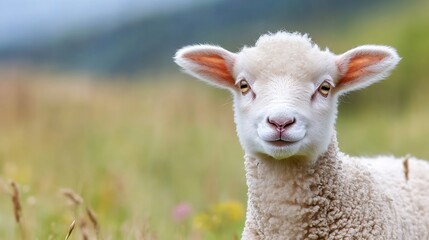 Obraz premium Adorable white lamb in a lush green pasture, gazing directly at the camera with innocent eyes. Its soft, fluffy fleece contrasts beautifully against the blurred background of wildflowe : Generative AI