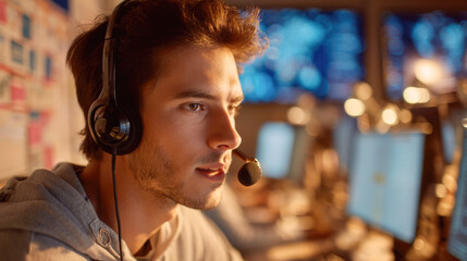 Focused caucasian young male customer support agent with headset in call center