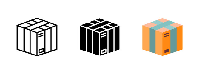 Package icon. Isometric cardboard box with tape and label vector illustration. Parcel and shipping symbol for delivery and logistics services sign. Postal mail and cargo pictogram.