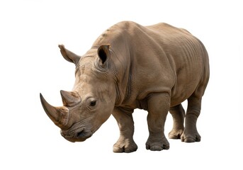 Obraz premium A large white rhinoceros stands on a white background with its head slightly lowered and looking forward