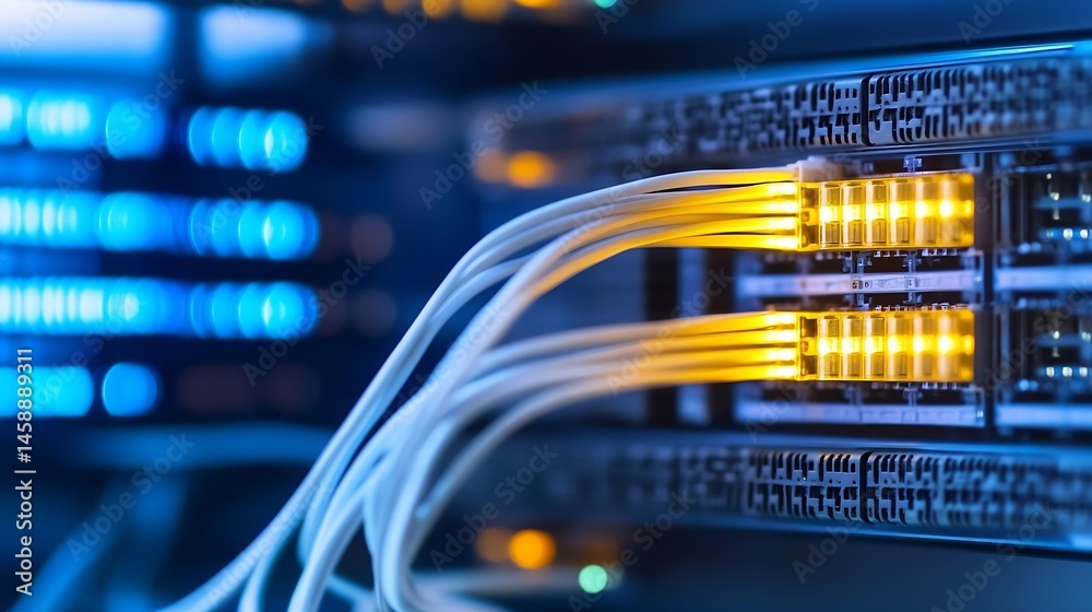 Poster close-up of fiber optic cables connected to a network switch, glowing yellow against a blurred blue 