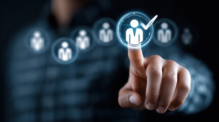 Digital interface, human resources management, holographic user icons, finger touching virtual screen, employee selection, verification checkmark, dark background, futuristic technology,