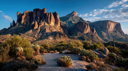 Obraz premium Majestic Arizona mountain range at sunset, showcasing dramatic rock formations, desert flora, and a tranquil path winding through the landscape.