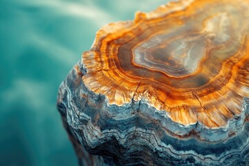 Obraz premium Close-up of a mesmerizing petrified wood slice revealing its intricate, layered structure and warm, earthy tones against a blurred teal backdrop.