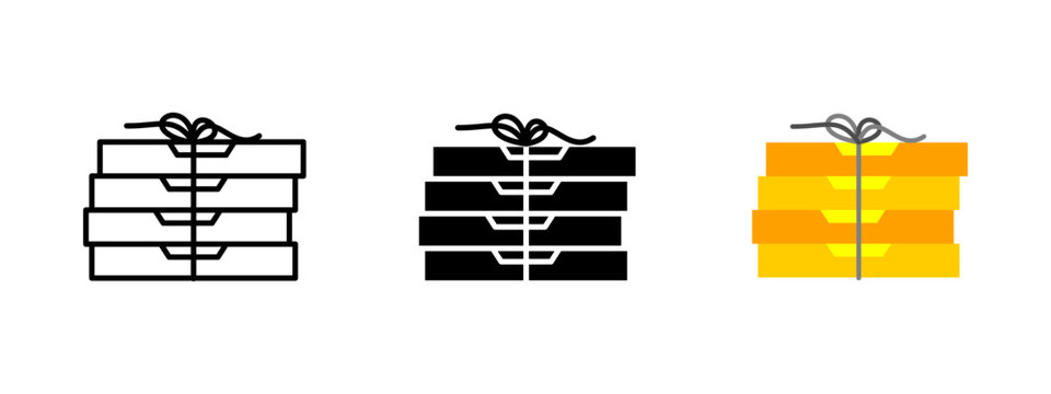 Pizza delivery icon. Stack of pizza boxes tied with string vector illustration. Symbol of hot food service and takeaway meal. Fast courier delivery and restaurant packaging sign. Dinner pictogram.