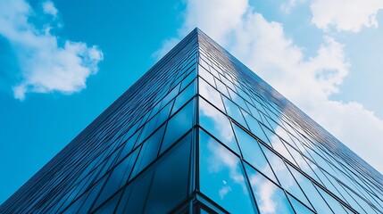 Modern glass skyscraper reflecting blue sky and clouds, low angle view showcasing architectural design and urban landscape. : Generative AI