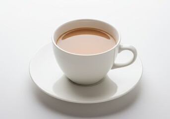 Obraz premium A white ceramic cup of tea with milk sits on a matching saucer against a white background