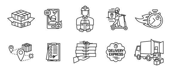 Delivery service icon set. Courier, parcel tracking, express transport, shipping route and logistics outline elements. Transportation line symbol. Fast delivery sign. E-commerce logistics pictogram.