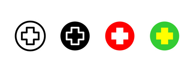 Medical cross icon. Bold symmetrical cross in circular shape vector illustration. Universal health and emergency care symbol. Hospitals, aid stations and clinics sign. Healthcare pictogram.