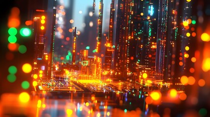 Futuristic city scape illuminated by vibrant neon lights.