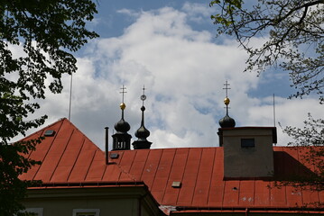 Scenic view of the Monastery of the Mount of the Mother of God (Hora Matky Boží) above the town...